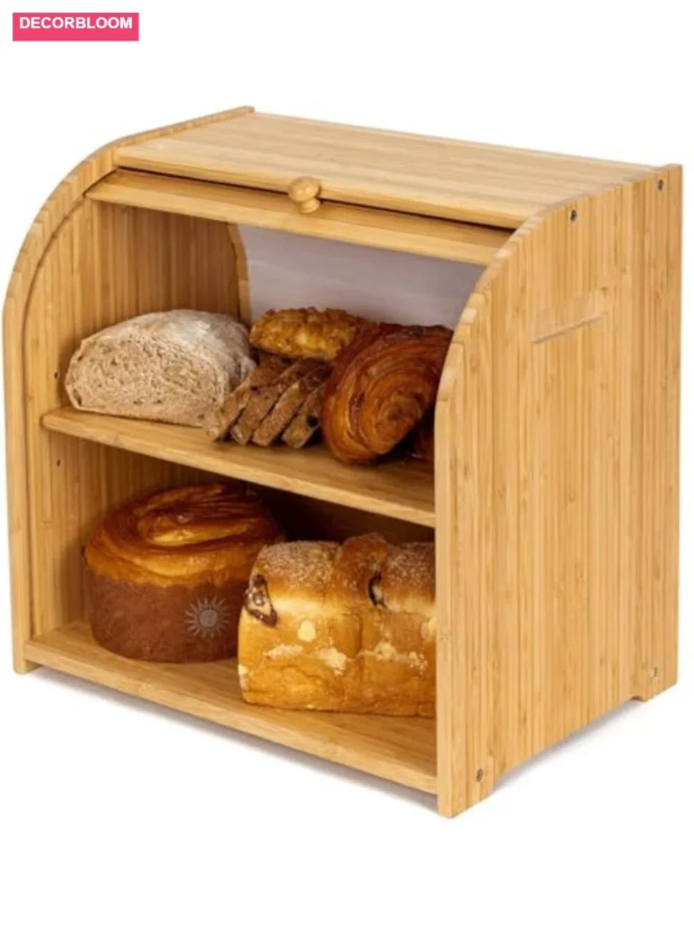 Bamboo Bread Box Roll Top Kitchen Countertop Storage 2-Tier